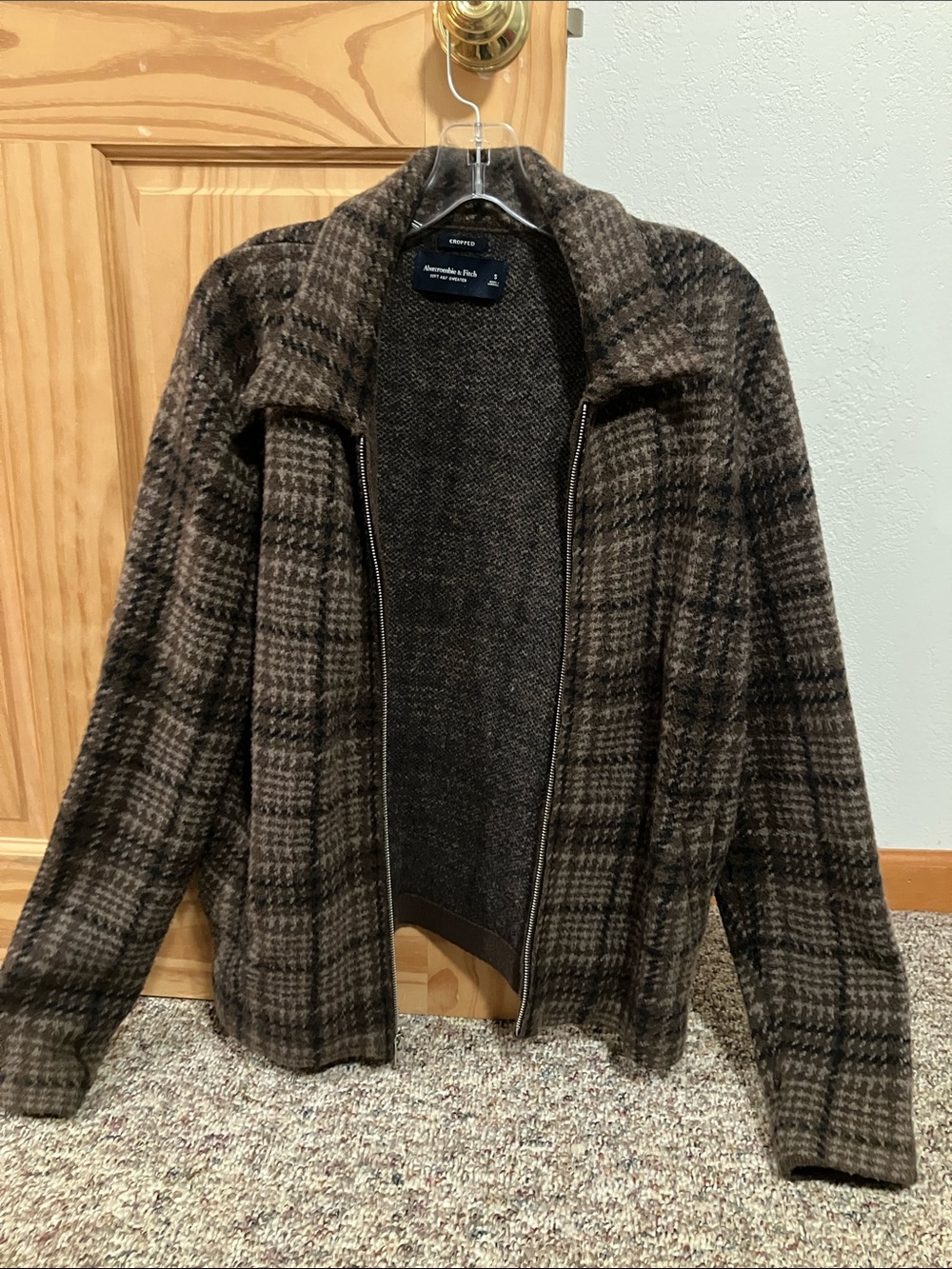 Abercrombie & Fitch Men's Brown Plaid Wool-Blend Zip Shirt Jacket